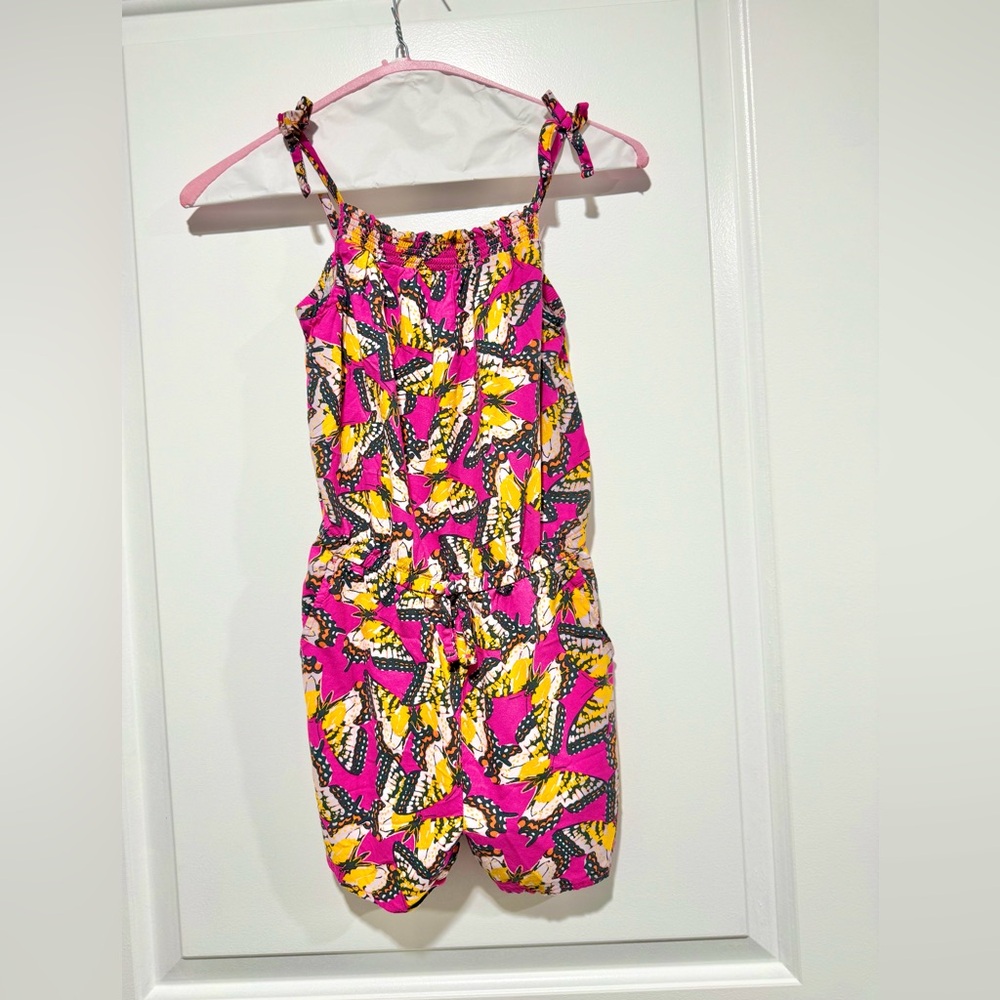 Girls, pink, butterfly romper. Adjustable spaghetti straps. With pockets. 7/8